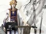  blonde_hair blue_eyes instrument kagamine_len short_hair vocaloid white 