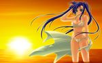  akimoto_dai bikini blue_eyes blue_hair blush front-tie_top long_hair ocean original side-tie_bikini solo sunset swimsuit white_bikini 