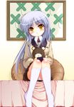  angel_beats! blazer blue_hair highres jacket kneehighs mizuki_saeka panties pantyshot pantyshot_(sitting) school_uniform sitting skirt socks solo stuffed_animal stuffed_toy teddy_bear tenshi_(angel_beats!) underwear upskirt white_panties yellow_eyes 