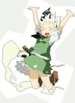  :d \o/ ^_^ arms_up bad_id bad_pixiv_id blush boots closed_eyes forehead happy hitodama jumping konpaku_youmu konpaku_youmu_(ghost) oguro_(moyashi_2-hon) open_mouth outstretched_arms short_hair smile solo sword touhou weapon white_hair 