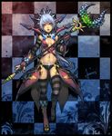  abs blue_hair breasts checkered checkered_background cleavage fingerless_gloves gloves hair_ornament headwear lvans medium_breasts midriff navel original red_eyes solo staff striped striped_legwear thighhighs 