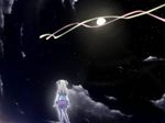  arms_at_sides blonde_hair blue_ribbon cloud facing_away fate_testarossa frilled_skirt frills from_behind from_below fujieda_miyabi hair_ribbon highres kneehighs long_hair long_sleeves lyrical_nanoha mahou_shoujo_lyrical_nanoha_strikers moon moonlight night night_sky outdoors pink_skirt ribbon shirt skirt sky standing star_(sky) starry_sky takamachi_nanoha two_side_up vivio white_legwear white_shirt 