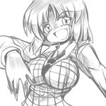  :d bangs breasts evil_smile fang greyscale head_tilt impossible_clothes impossible_vest kazami_yuuka large_breasts looking_at_viewer monochrome necktie open_mouth plaid plaid_vest shaded_face shirt short_hair simple_background sketch smile solo touhou traditional_media upper_body v-shaped_eyebrows vest white_background yuki_hime_haruka 