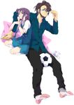  1boy 1girl annoyed ball beard blue_eyes book cup facial_hair father_and_daughter footwear glasses highres inazuma_eleven inazuma_eleven_(series) kudou_fuyuka kudou_michiya n_(no_bu) purple_hair simple_background skirt soccer_ball socks teacup white_background 