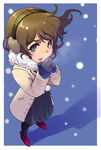 bad_id bad_pixiv_id blue_eyes brown_hair coat cold earmuffs from_above mittens null_(chronix) original pantyhose short_hair snow solo 