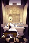  bench blonde_hair blue_eyes checkered checkered_floor dress instrument long_hair looking_back organ original piano_bench pipe_organ pipes sei_(resonableworld) sitting solo vanishing_point 