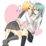  blonde_hair blush embarrassed green_eyes grey_eyes grey_hair hatsune_miku heart kagamine_rin kneehighs licking_lips long_hair looking_back multiple_girls naughty_face open_clothes open_shirt pleated_skirt school_uniform shirt short_hair skirt socks tongue tongue_out twintails vocaloid wadaka yuri 