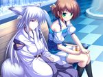  animal_ears brown_hair foxgirl game_cg green_eyes inakoi japanese_clothes kneehighs kuujou_hina midou_chihiro violet_eyes whirlpool white_hair 