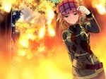  amamiya_kiza belt blood blood_on_face bloody_clothes brown_hair burning fire forest game_cg hat highres id_rebirth_session nature outdoors short_hair smile solo wildfire 