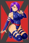  1girl bare_shoulders big_breasts blush body_blush breasts bridal_gauntlets elbow_gloves erect_nipples female full_body gloves halter_top halterneck highres large_breasts leotard long_hair makani_kohitujito marvel one-piece one-piece_swimsuit psylocke purple_eyes purple_hair sitting skin_tight solo squatting swimsuit thighhighs x-men 