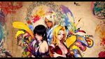  3girls black_eyes black_hair bleach blonde_hair blue_eyes breasts flower halibel highres kurotsuchi_nemu large_breasts long_hair matsumoto_rangiku mole multiple_girls purple_eyes shihouin_yoruichi short_hair snyp tears tia_harribel tier_harribel wallpaper white_hair 