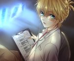  aqua_eyes bad_id bad_pixiv_id bespectacled blonde_hair clipboard doctor glasses hakuseki kagamine_len labcoat male_focus nail_polish necktie open_mouth ponytail red-framed_eyewear red_neckwear sitting solo stethoscope vocaloid yellow_nails 