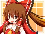  brown_eyes brown_hair fang hakurei_reimu japanese_clothes long_hair miko ribbons touhou 