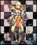  blonde_hair blue_eyes book checkered checkered_background lvans original smile solo thighhighs wings 