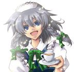  bad_id bad_pixiv_id blue_eyes braid cup izayoi_sakuya maid maid_headdress short_hair silver_hair solo tea teacup touhou twin_braids yorii_shuuichi 