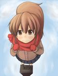  bad_id bad_pixiv_id blush brown_eyes brown_hair foreshortening from_above frown gloves koa ponytail scarf skirt solo standing taneshima_popura tears working!! 