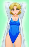  akagi_ritsuko arms_up beauty_mark blonde_hair breasts cleavage earrings female gradient gradient_background green_eyes highres jewelry labcoat lipstick makani_kohitujito makeup mole neon_genesis_evangelion one-piece_swimsuit one_piece_swimsuit short_hair solo swimsuit 