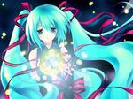  green_eyes green_hair hatsune_miku headphones long_hair microphone ribbons tie twintails vocaloid 