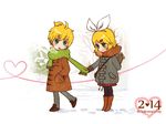  1girl arm_behind_back blonde_hair boots brother_and_sister chibi clothes_grab coat gift gloves hands_in_pockets kagamine_len kagamine_rin koz looking_back scarf siblings twins valentine vocaloid walking winter_clothes 