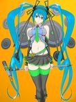  agahat aqua_eyes aqua_hair detached_sleeves hatsune_miku headphones highres legs long_hair microphone microphone_stand midriff miniskirt navel necktie skirt solo thighhighs twintails very_long_hair vocaloid zettai_ryouiki 