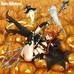  1girl boots braid breasts commentary_request copyright_request demon_girl ghost halloween happy_halloween horns jack-o'-lantern koaki large_breasts pumpkin side_braid solo staff thigh_boots thighhighs underboob 