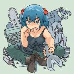  1girl :d bangs black_shirt blue_eyes blue_hair blue_pupils breasts bright_pupils brown_footwear chainsaw cleavage eyebrows_visible_through_hair green_pants hair_between_eyes hair_bobbles hair_ornament holding holding_wrench kawashiro_nitori medium_breasts nail okbnkn open_mouth pants screwdriver shirt shoelaces shoes short_hair smile solo tank_top touhou wire wrench 