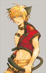  animal_ears belt blonde_hair blue_eyes cat_ears catboy collar cosplay cum cum_on_body cum_on_boy cum_on_upper_body guilty_gear ky_kiske male_focus navel nipples open_clothes petboy simple_background sol_badguy sol_badguy_(cosplay) solo tail tears 