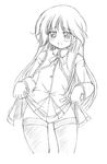  blush crossdressing greyscale happiness! long_hair long_sleeves male_focus monochrome otoko_no_ko school_uniform sketch skirt skirt_lift solo thighhighs torikaebaya_mirin watarase_jun 