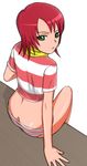  40010prototype ass butt_crack from_behind green_eyes juliet_nao_zhang looking_at_viewer looking_back my-otome no_pants panties red_hair red_panties shirt short_hair sitting solo striped striped_panties striped_shirt underwear 