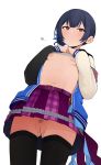  1girl bar_censor belt black_hair black_legwear blush breasts censored fat_mons frills gluteal_fold groin hair_bun heart highres idolmaster idolmaster_shiny_colors irogomi jacket lifted_by_self looking_at_viewer mole_on_pussy morino_rinze navel nipples no_panties open_clothes open_jacket pubic_hair red_eyes shirt_lift simple_background skirt sleeves_past_wrists small_breasts solo sweat thighhighs white_background 