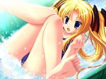  aria_viria_amiteji barefoot bat_wings blonde_hair blue_eyes cameltoe chokotto_vampire! feet game_cg head_wings legs_up long_hair open_mouth school_swimsuit slide soles solo swimsuit twintails water water_slide wings yuyi 