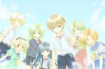  5girls artist_request blonde_hair blue_hair brown_hair everyone furude_rika green_eyes green_hair hands higurashi_no_naku_koro_ni houjou_satoko houjou_satoshi maebara_keiichi multiple_boys multiple_girls purple_eyes red_eyes ryuuguu_rena siblings sisters sonozaki_mion sonozaki_shion twins 