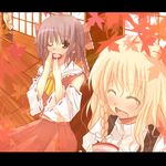  :d ^_^ ^o^ alcohol alice_margatroid ascot autumn autumn_leaves blonde_hair blush brown_hair closed_eyes detached_sleeves drinking hakurei_reimu kirisame_marisa long_hair long_sleeves lowres multiple_girls open_mouth red_skirt rikudou_inuhiko sake sitting skirt smile touhou tree tree_branch upper_body very_long_hair 