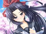  black_hair blush cherry_blossoms game_cg gift_(game) hokazono_rinka long_hair mitha purple_eyes school_uniform solo 