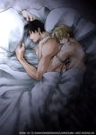  artist_request bare_shoulders black_hair blanket blonde_hair closed_eyes from_above hug hug_from_behind lowres lying male_focus multiple_boys muscle nicholas_d_wolfwood on_bed on_side pillow pillow_hug profile sleeping spooning tattoo trigun under_covers upper_body vash_the_stampede yaoi 