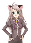  ahoge animal_ears bell cat_ears green_eyes grey_hair hands_on_hips jingle_bell juliet_sleeves long_hair long_sleeves looking_at_viewer original puffy_sleeves ribbon simple_background smile solo usashiro_mani white_background 