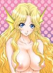  blonde_hair blue_eyes breast_squeeze breasts head_fins jpeg_artifacts large_breasts long_hair mermaid momoya_show-neko monster_girl nipples nude original smile solo upper_body 