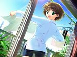  balcony bike_shorts brown_hair clothesline dutch_angle game_cg green_eyes kadoi_aya kakyuusei_2 laundry long_sleeves plant sawamura_kazuki shirt short_hair solo trefoil white_shirt 