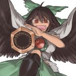  1girl :d aiming_at_viewer arm_cannon bangs bird_wings black_hair black_wings bow breasts bright_pupils fang feathered_wings green_bow green_skirt hair_between_eyes hair_bow long_hair looking_at_viewer medium_breasts okbnkn open_mouth red_eyes red_pupils reiuji_utsuho shirt short_sleeves simple_background skirt smile solo third_eye touhou uneven_eyes v-shaped_eyebrows weapon white_background white_shirt wings 