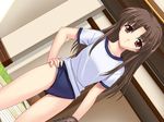  artist_request ayamori_kanoka baseball_mitt brown_hair buruma daughter_maker_2 dutch_angle game_cg gym_uniform hand_on_hip long_hair red_eyes solo 