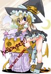  2006 black_gloves blonde_hair breasts flat_chest food_themed_hair_ornament gloves hair_ornament halloween hat jack-o'-lantern kirisame_marisa no_bra no_panties patchouli_knowledge pumpkin pumpkin_hair_ornament shoes sideboob skirt small_breasts solo touhou typo white_background witch_hat 