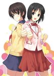  :d back-to-back black_eyes black_hair brown_eyes brown_hair clenched_hand long_sleeves luna_(reclaimed_land) multiple_girls open_mouth original school_uniform short_hair skirt smile sweater thumbs_down thumbs_up 