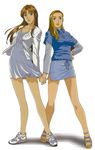  artist_request bangs bare_legs blue_eyes blush brown_eyes brown_hair buttons casual cross-laced_footwear dress earrings feet front-tie_top hair_intakes hair_over_shoulder holding_hands initial_d jewelry legs light_brown_hair lips long_hair long_sleeves looking_at_viewer miniskirt multiple_girls no_socks open_clothes open_shirt parted_bangs pencil_skirt sandals satou_mako sayuki_(initial_d) shadow shirt shoes short_dress side_slit sidelocks simple_background skirt sneakers standing swept_bangs toes turtleneck unbuttoned wavy_hair white_background 