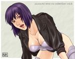  all_fours azasuke belt bent_over breasts cleavage cyborg ghost_in_the_shell jacket kusanagi_motoko large_breasts leotard open_clothes open_jacket open_mouth purple_hair red_eyes short_hair signature solo thighhighs 