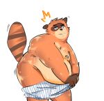  2018 anthro belly canid canine clothing humanoid_hands male mammal moobs mu777 nipples overweight overweight_male raccoon_dog simple_background solo sweat tanuki underwear undressing white_background 