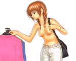  bag braid breasts denim jeans kimi_kiss mizusawa_mao nipples pants shopping shoulder_bag shunin small_breasts solo topless twin_braids white_pants 
