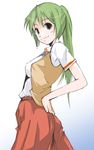  green_eyes green_hair hand_on_hip higurashi_no_naku_koro_ni long_hair ponytail solo sonozaki_mion una_(dpaxg) 