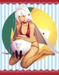  1girl altera_(fate) altera_the_santa bare_shoulders barefoot bikini black_nails breasts choker cleavage dark_skin earmuffs fate/grand_order fate_(series) full_body_tattoo i-pan nail_polish red_bikini red_eyes sheep short_hair sitting solo swimsuit tattoo veil wariza water 