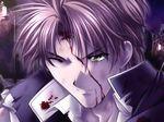  blood blood_on_face brown_hair gakuran game_cg green_eyes kijima_suguru male_focus onikagura school_uniform solo wince yamamoto_kazue 