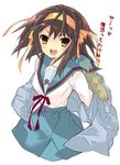  blue_sailor_collar blue_skirt brown_hair kita_high_school_uniform long_sleeves sailor_collar school_uniform serafuku short_hair skirt solo suzumiya_haruhi suzumiya_haruhi_no_yuuutsu yuutarou 